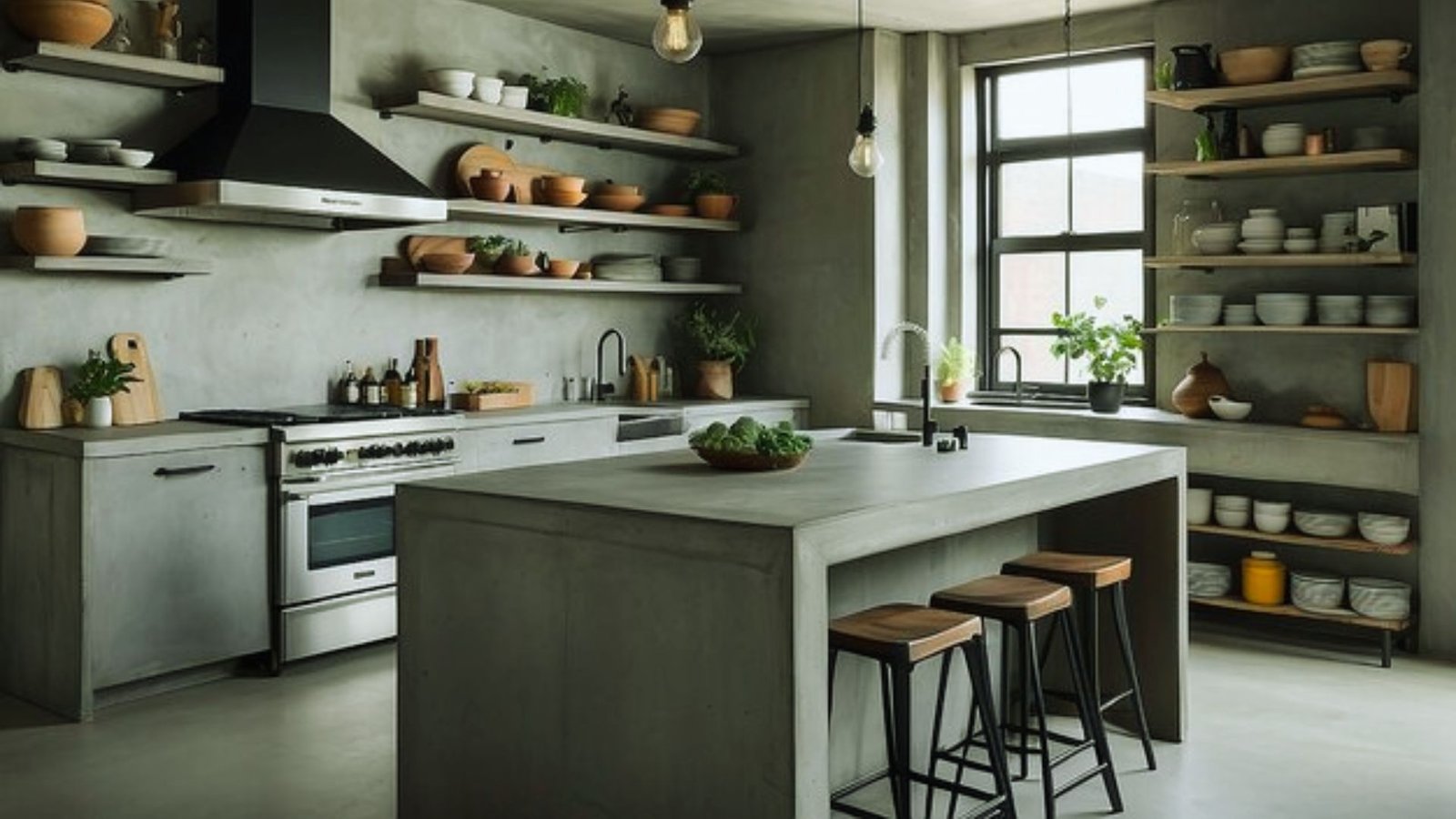 A stylish kitchen with durable concrete countertops complemented by warm wooden shelves for a cozy atmosphere.