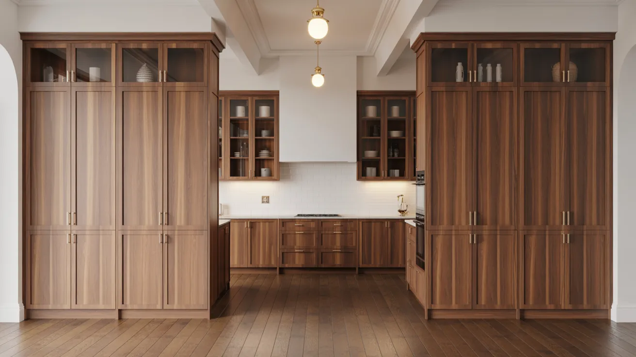 A kitchen featuring wooden cabinets and a sleek white countertop, creating a warm and modern atmosphere.