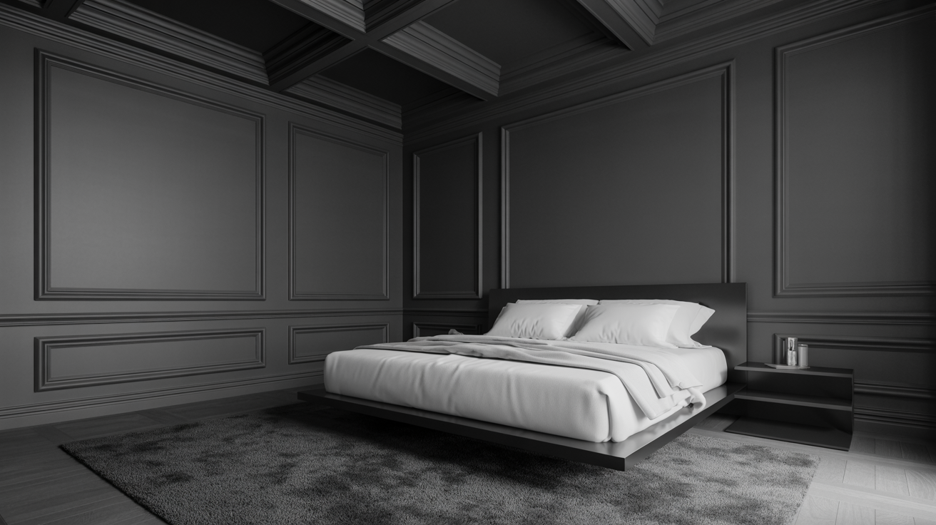 A black and white themed bedroom with a cozy bed and a modern nightstand, creating a serene atmosphere.