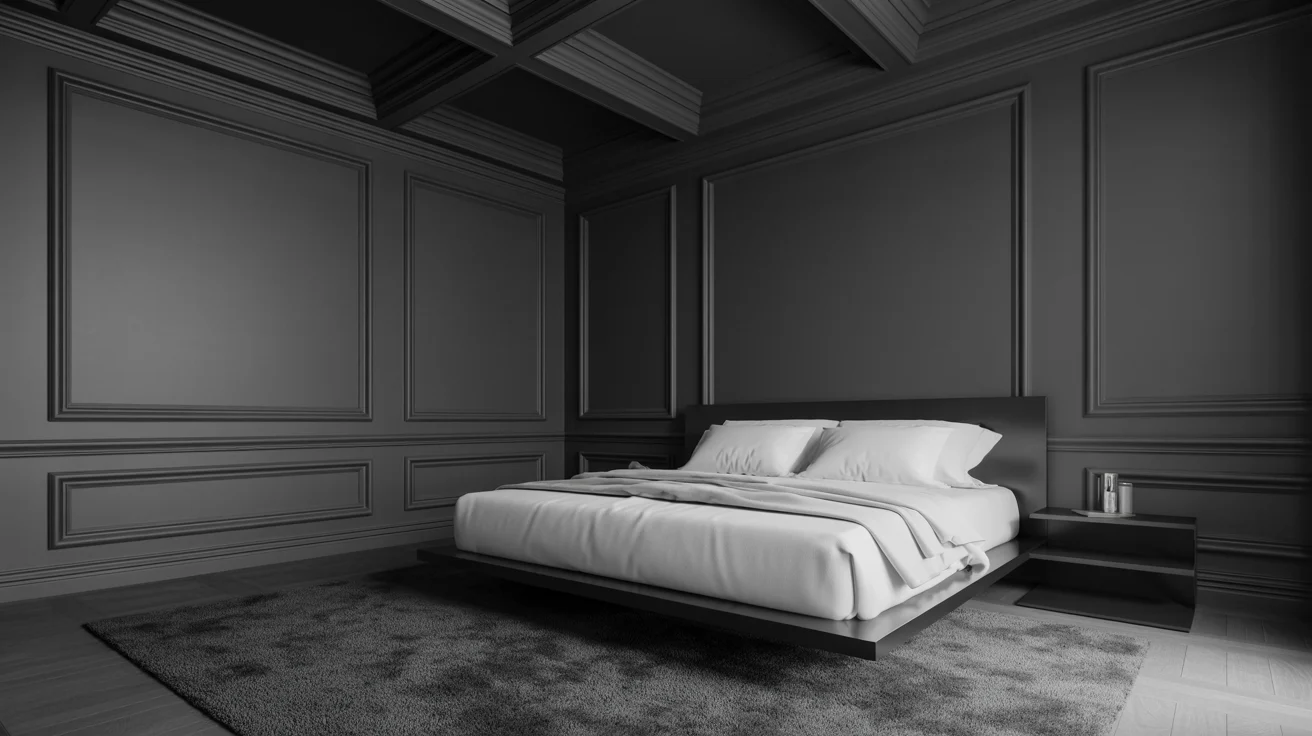 A black and white themed bedroom with a cozy bed and a modern nightstand, creating a serene atmosphere.