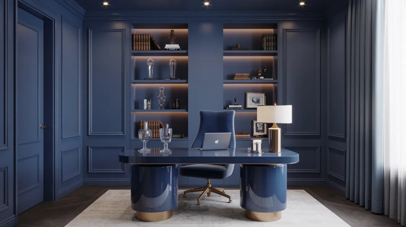 A blue office featuring a desk and bookshelves filled with books.