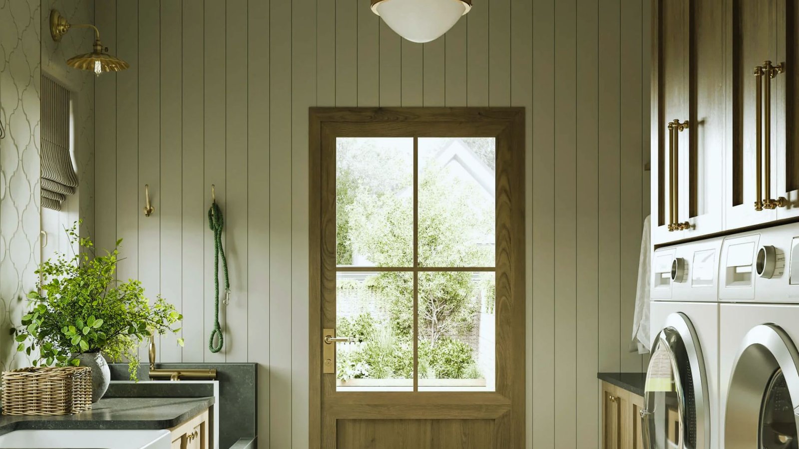A laundry room featuring wooden floors and a sink, creating a warm and functional space for washing clothes.
