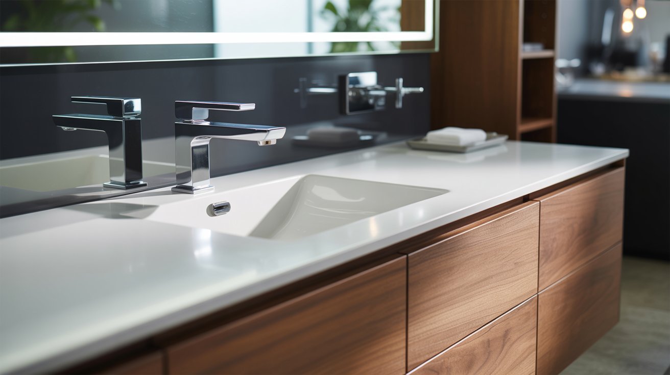 A modern bathroom featuring a sleek sink and a large mirror above it, showcasing contemporary design elements.
