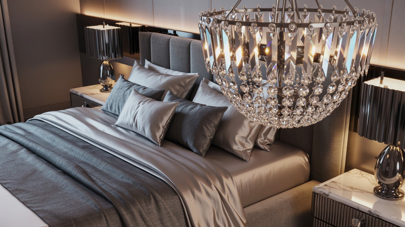  A cozy bedroom featuring a stylish chandelier above a neatly made bed.