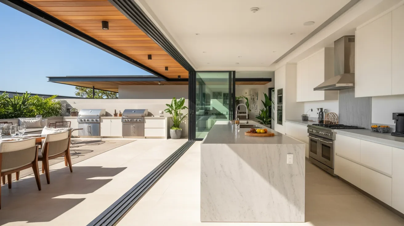 A modern kitchen featuring a large dining table and an inviting outdoor dining area.