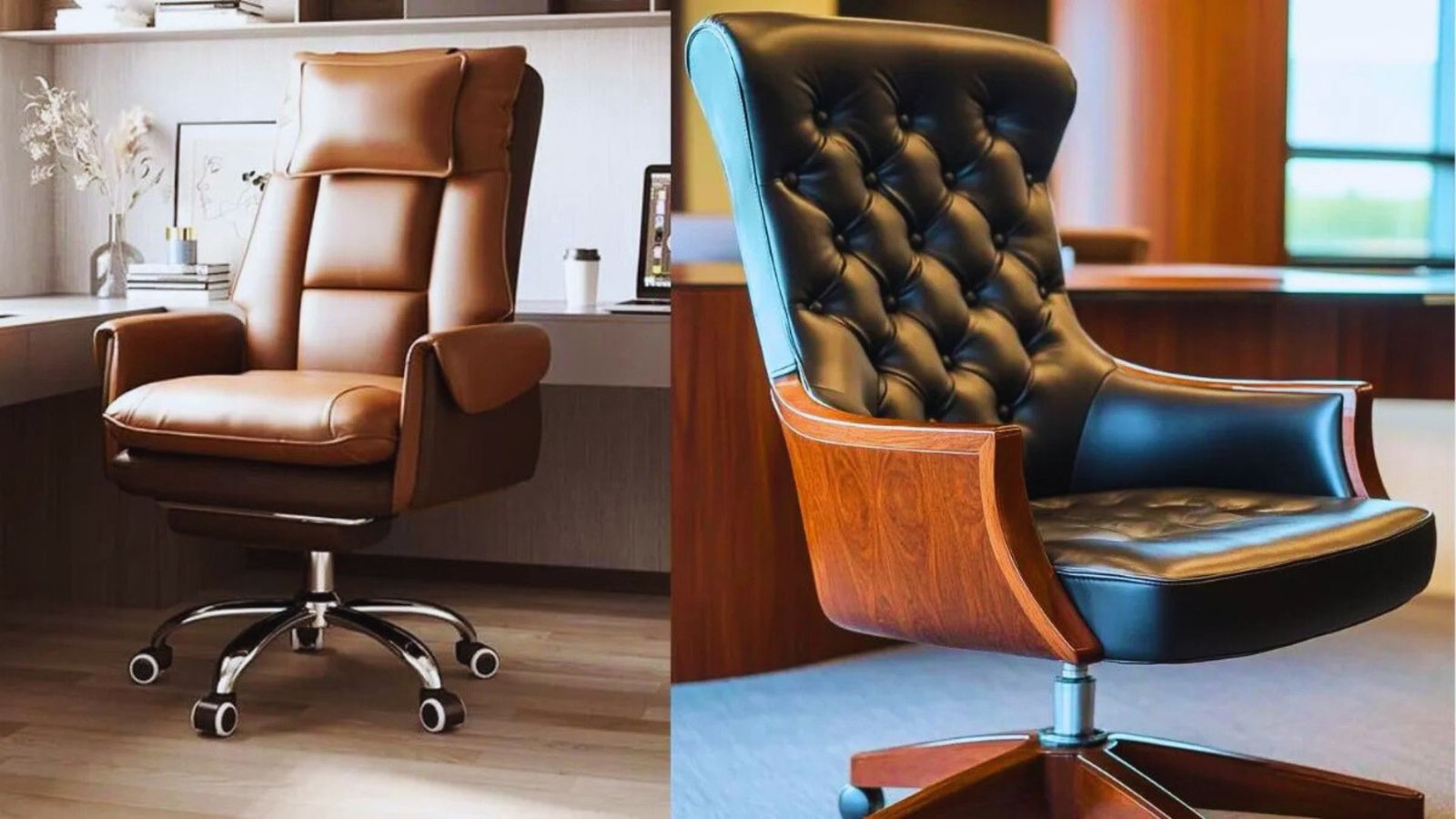 Office chairs featuring leather upholstery and wooden frames, showcasing a blend of comfort and elegance in design.