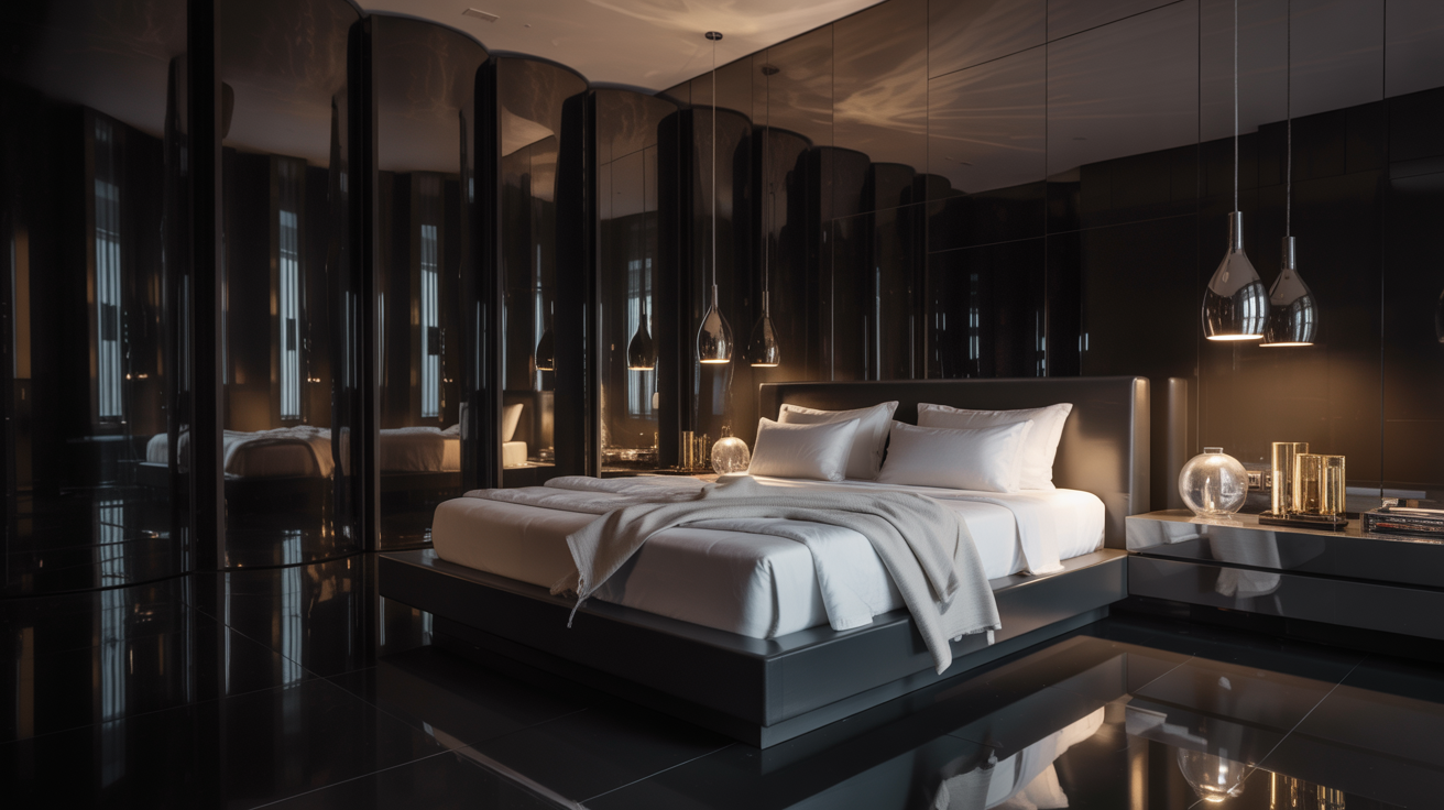 A modern bedroom featuring sleek black walls and flooring, creating a bold and contemporary atmosphere.