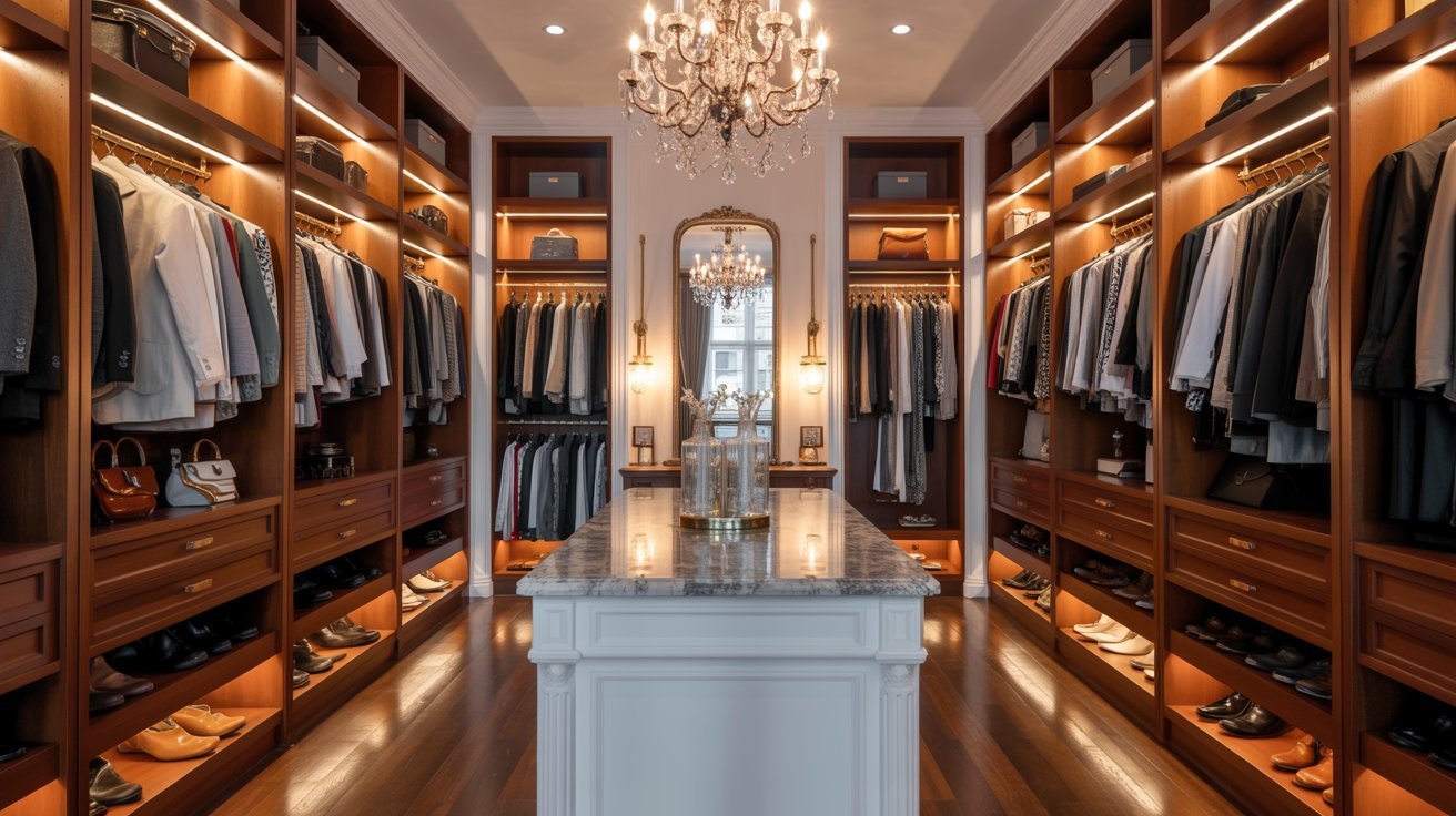 A spacious walk-in closet featuring a chandelier and an array of neatly organized clothes hanging on racks
