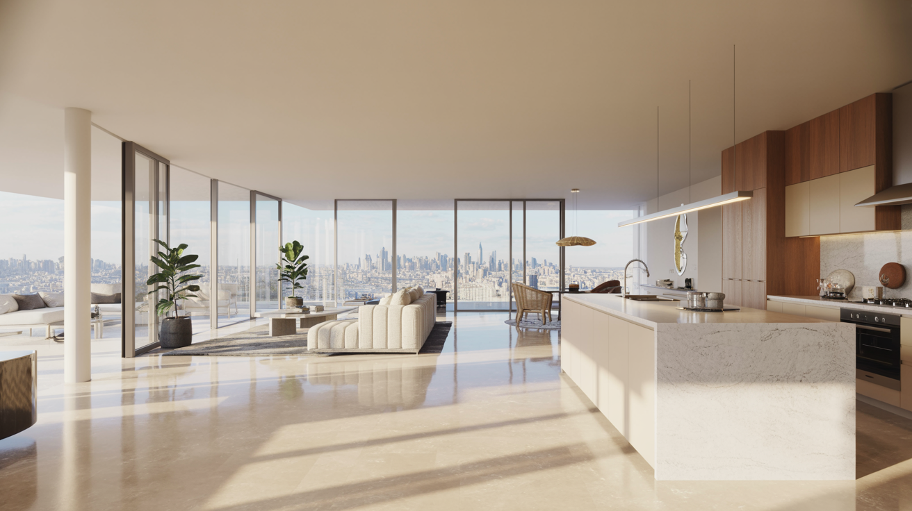 Kitchen with a panoramic view of the city skyline.