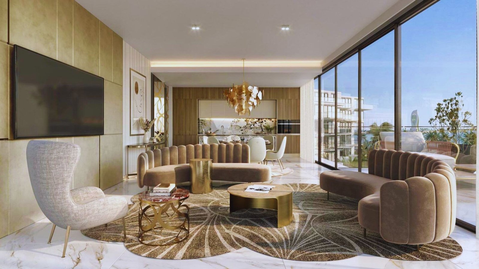 A modern living room featuring a large window with a stunning view of the ocean.