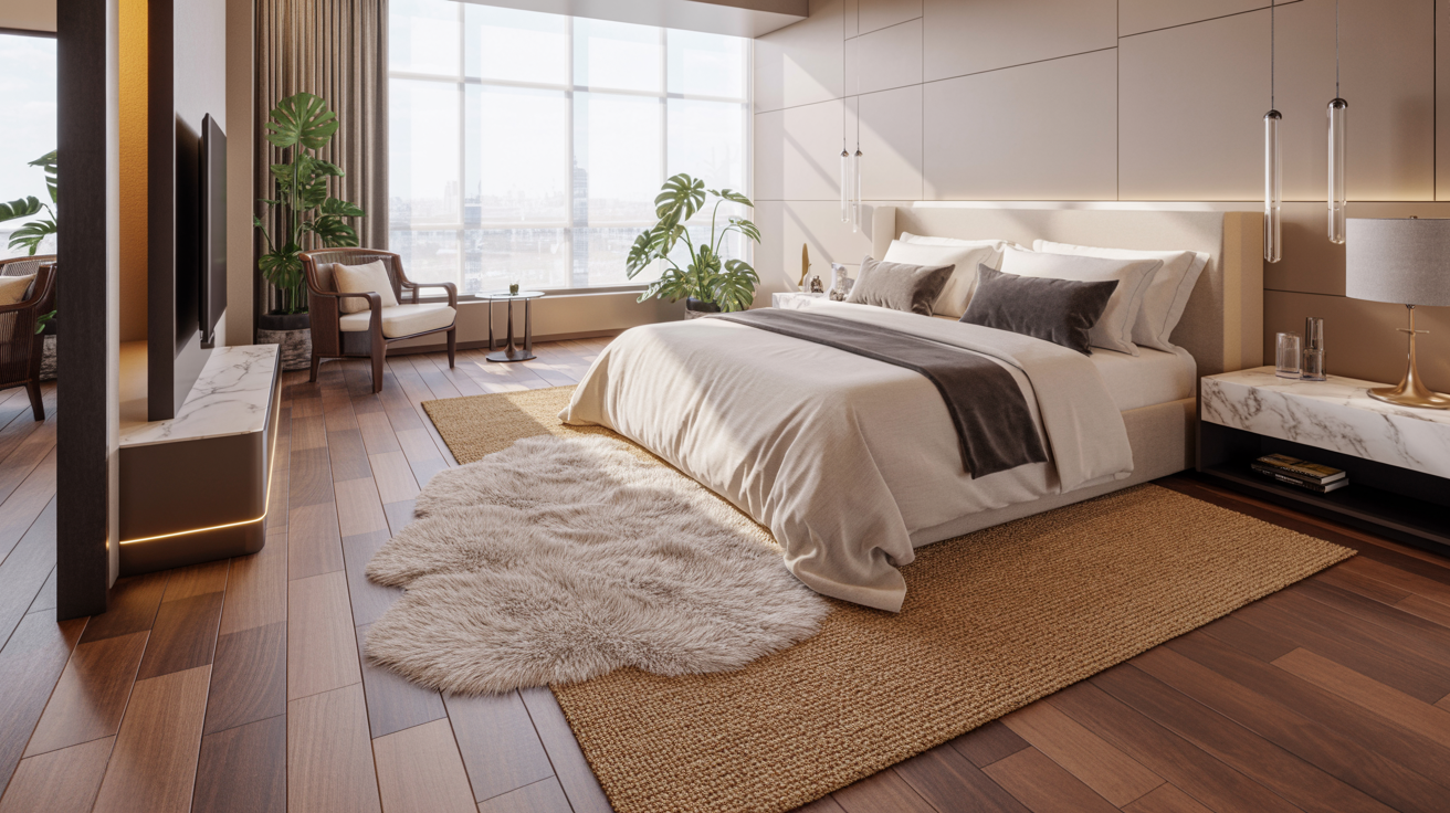  A contemporary bedroom with a sizable bed and a large window that enhances the room's brightness and openness.