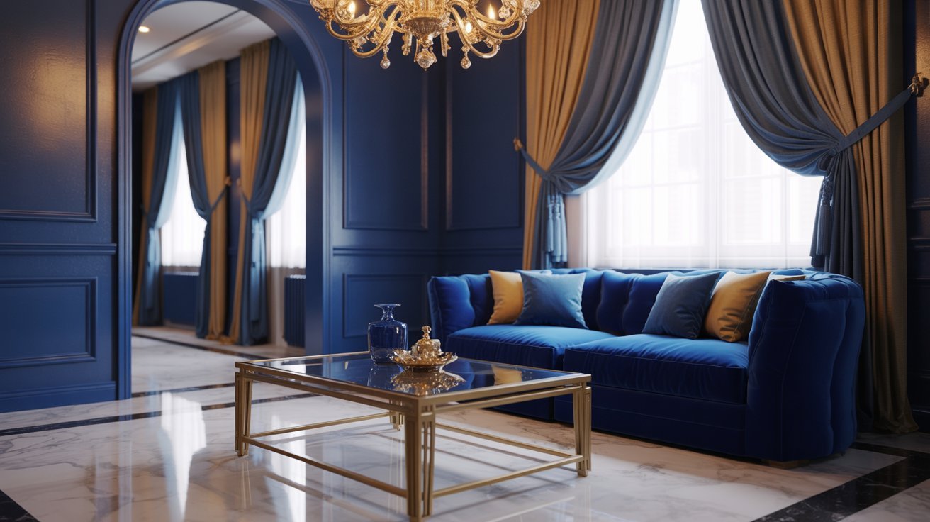 A blue living room featuring gold accents and an elegant chandelier hanging from the ceiling.