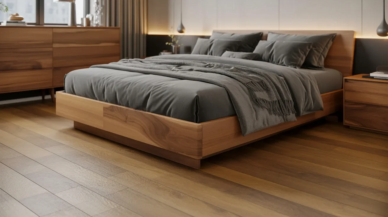 A cozy bedroom featuring wooden floors and a neatly made bed, creating a warm and inviting atmosphere.