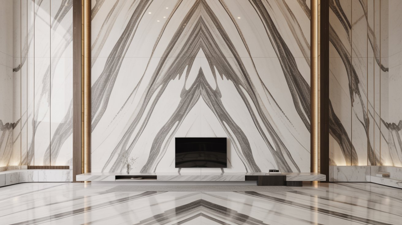 A sleek marble fireplace serves as a focal point in a contemporary living room with modern furnishings.