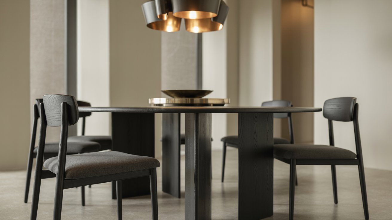A modern dining table surrounded by four stylish chairs, showcasing a contemporary design.