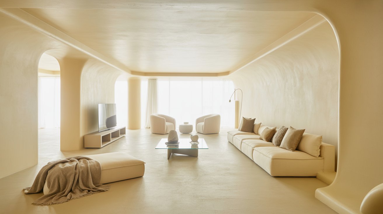 A modern living room featuring white furniture and a large flat-screen television on the wall.