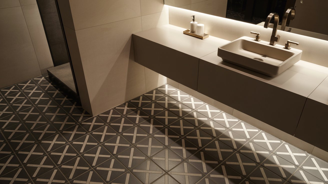  A bathroom scene displaying a sink and a mirror, emphasizing a minimalist style with light-colored walls and fixtures.