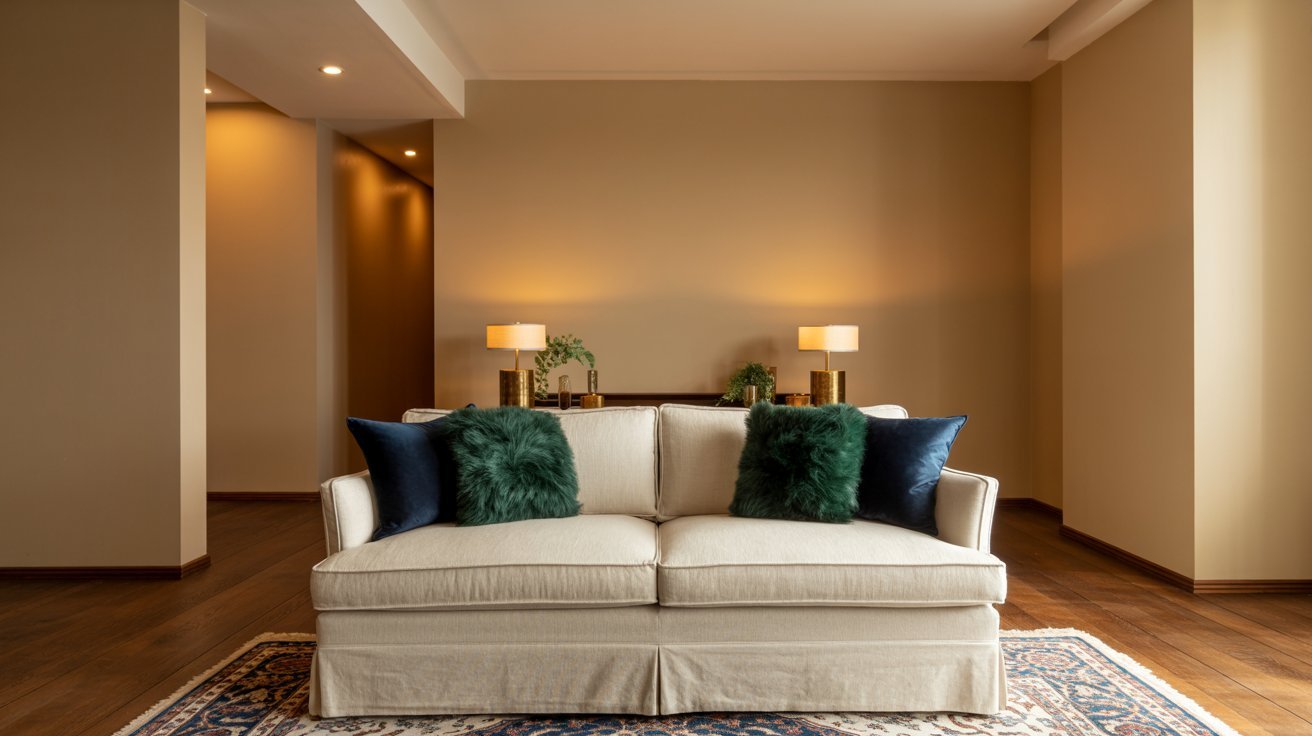 A cozy living room featuring a couch and two stylish lamps illuminating the space.