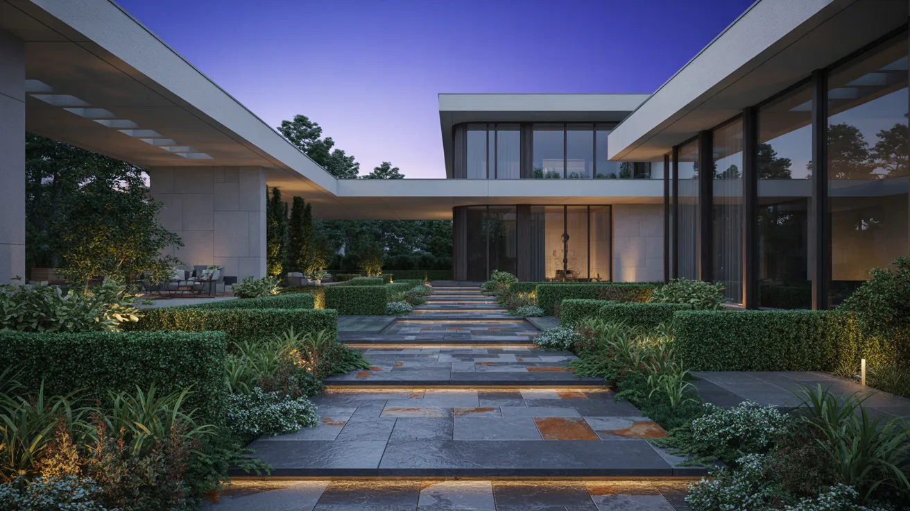  Modern house featuring a stone walkway and well-maintained landscaping in a serene outdoor setting.