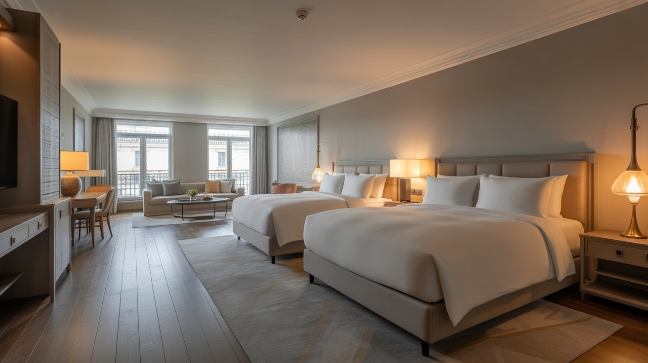  A hotel room layout with two beds and a television, ideal for guests seeking a comfortable stay.