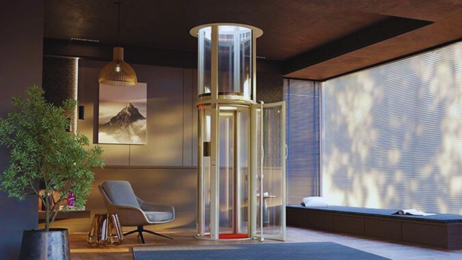 A chic living room design that includes a glass elevator, modern furnishings, and bright, airy spaces created by large windows.