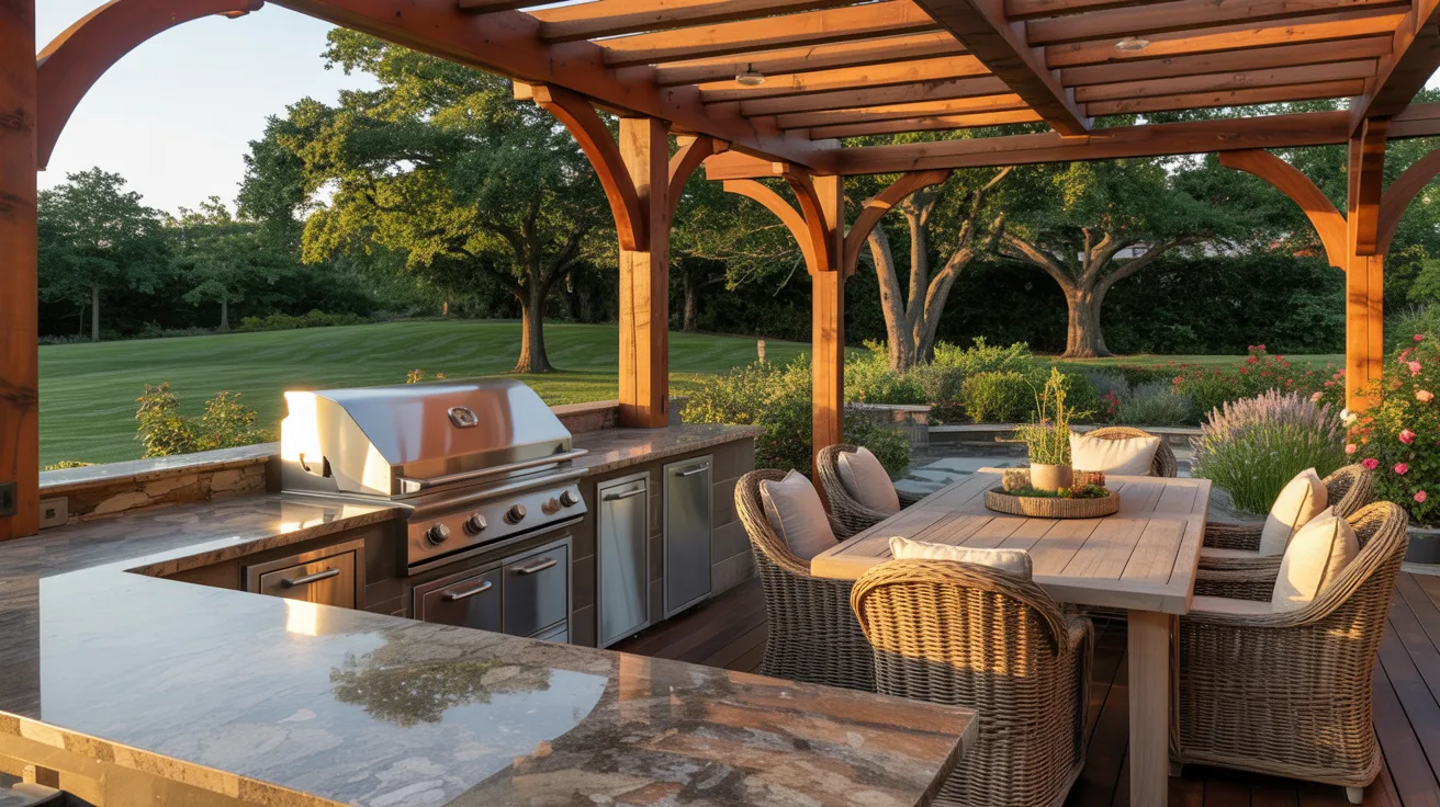 An outdoor kitchen with a grill and a dining table, perfect for outdoor dining and entertaining.