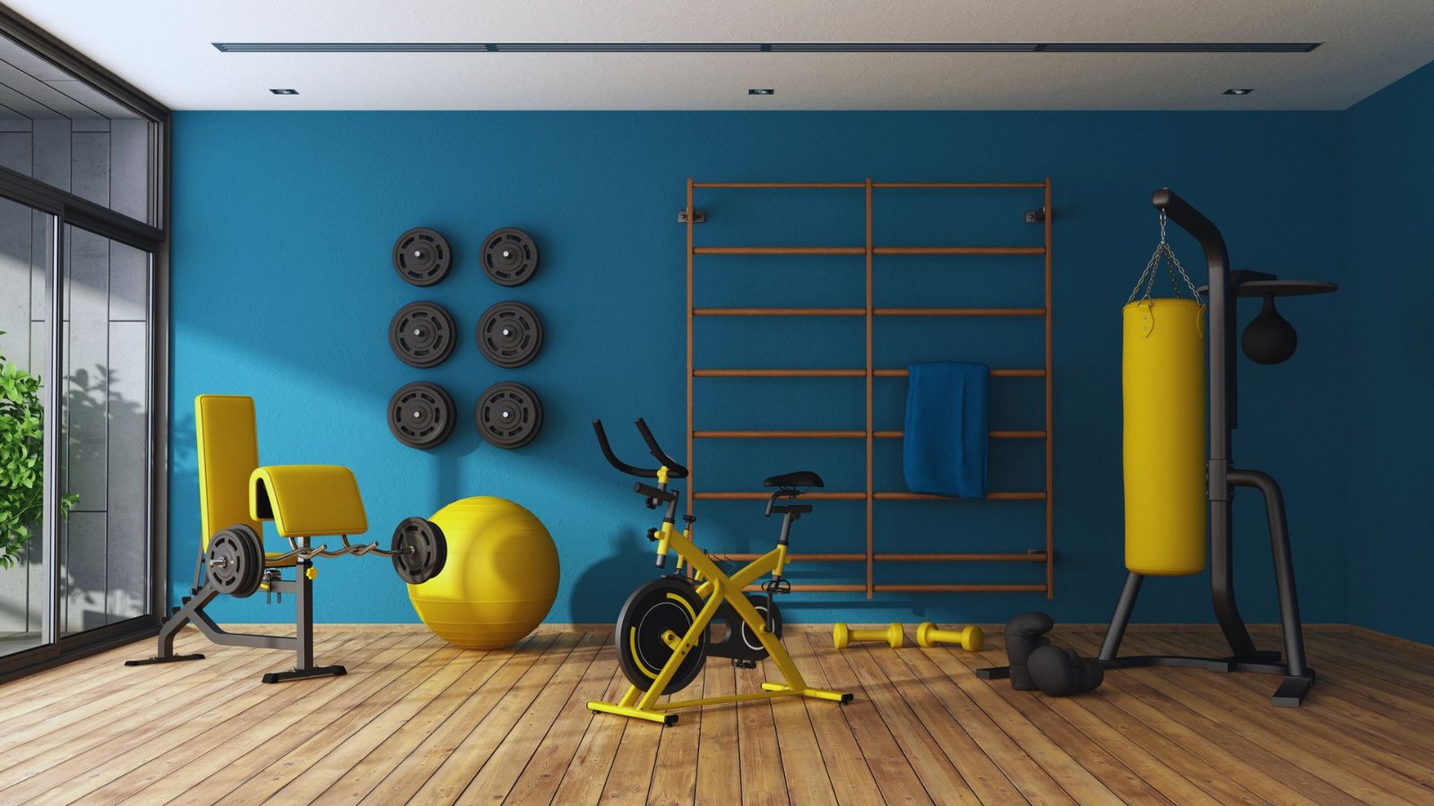 A room featuring blue walls and yellow equipment, creating a vibrant and energetic atmosphere.