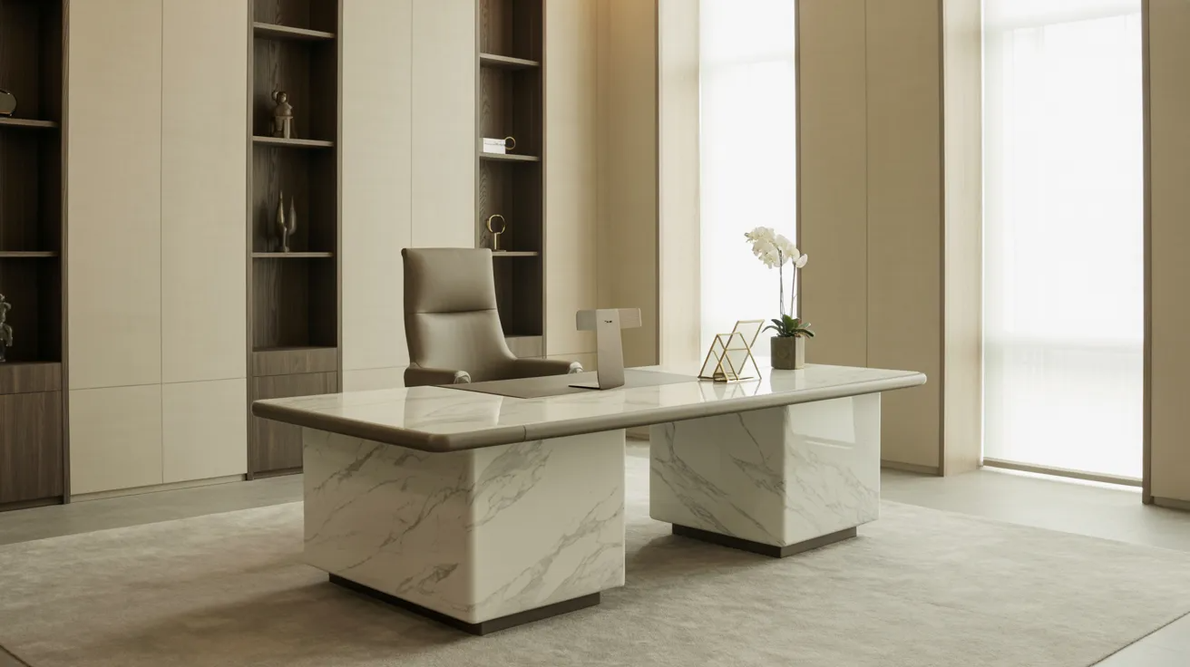  A modern office featuring a sleek marble desk and stylish bookshelves filled with books.