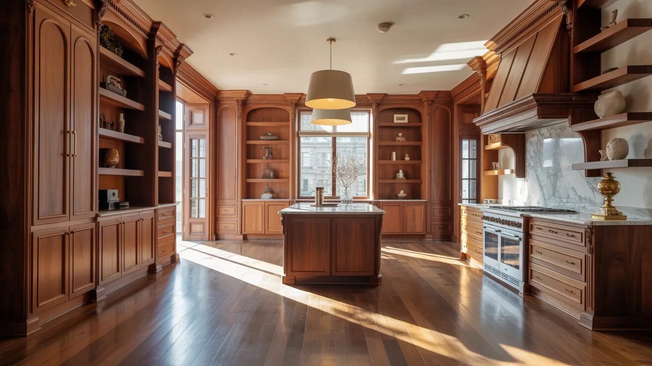A modern kitchen featuring wooden cabinets and a spacious central island for cooking and dining.