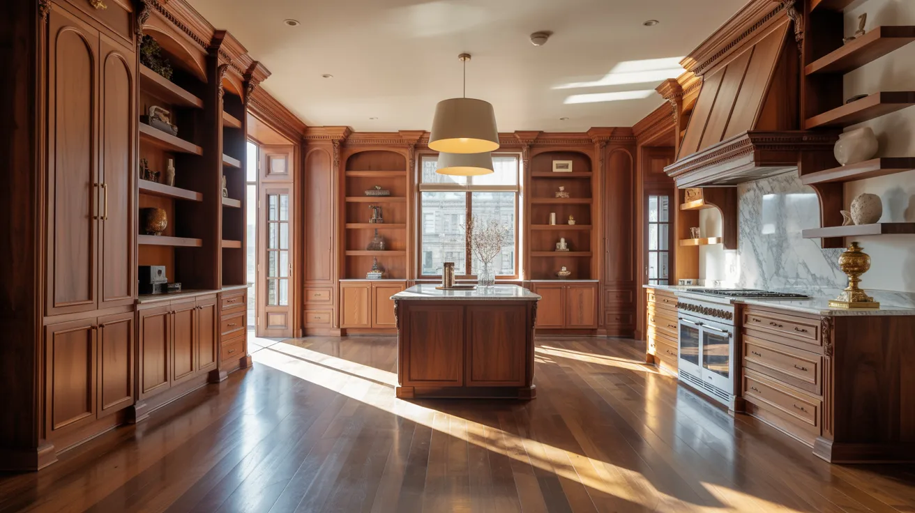 A modern kitchen featuring wooden cabinets and a spacious central island for cooking and dining.
