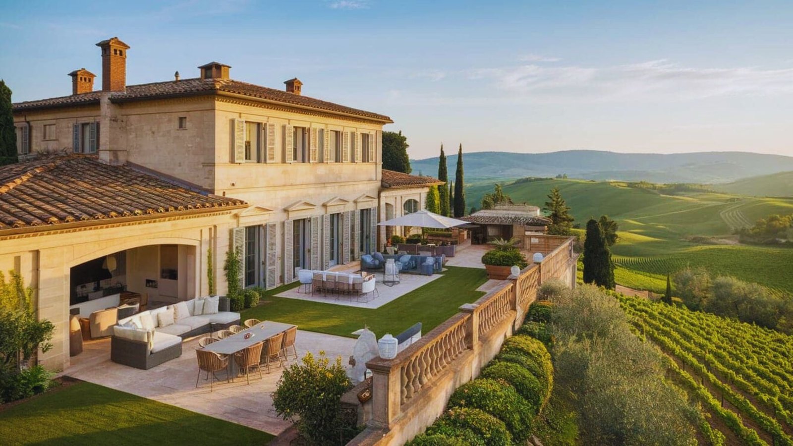 A villa nestled among lush vineyards and rolling hills under a clear blue sky.