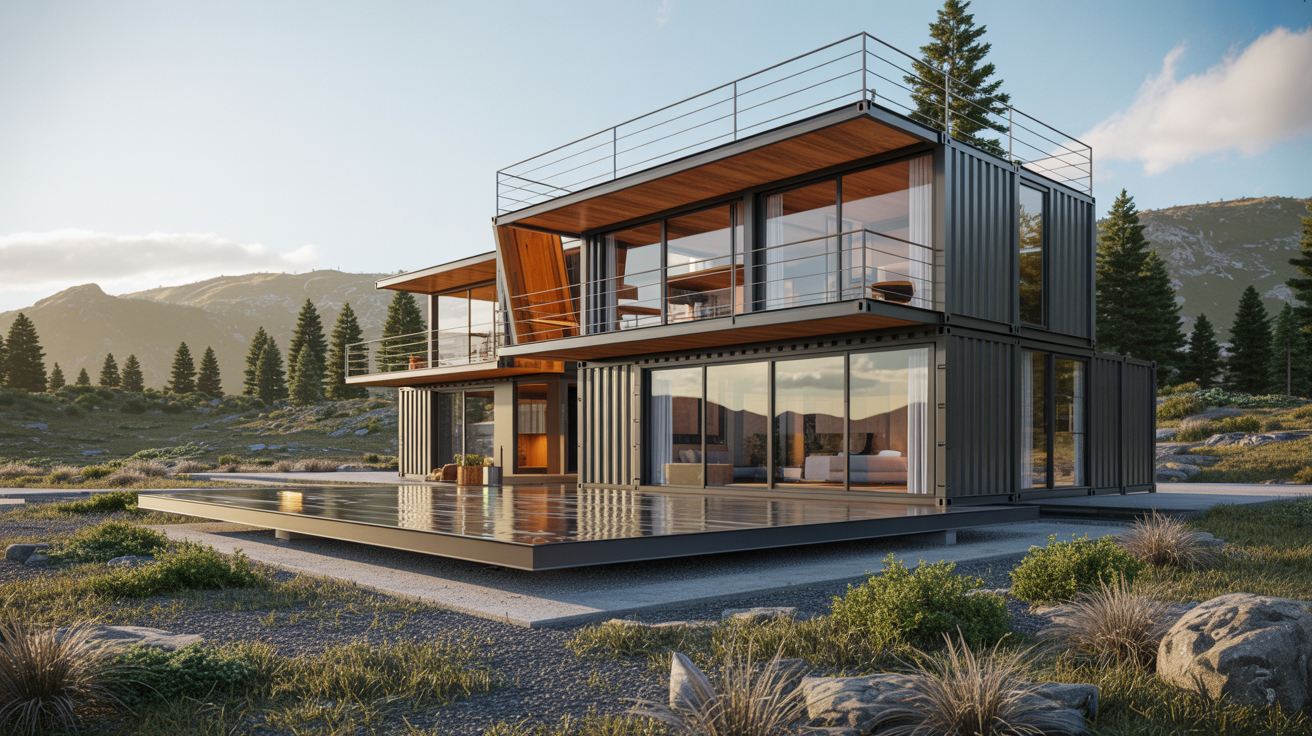 A modern house featuring a spacious deck and a stylish balcony overlooking the surroundings.