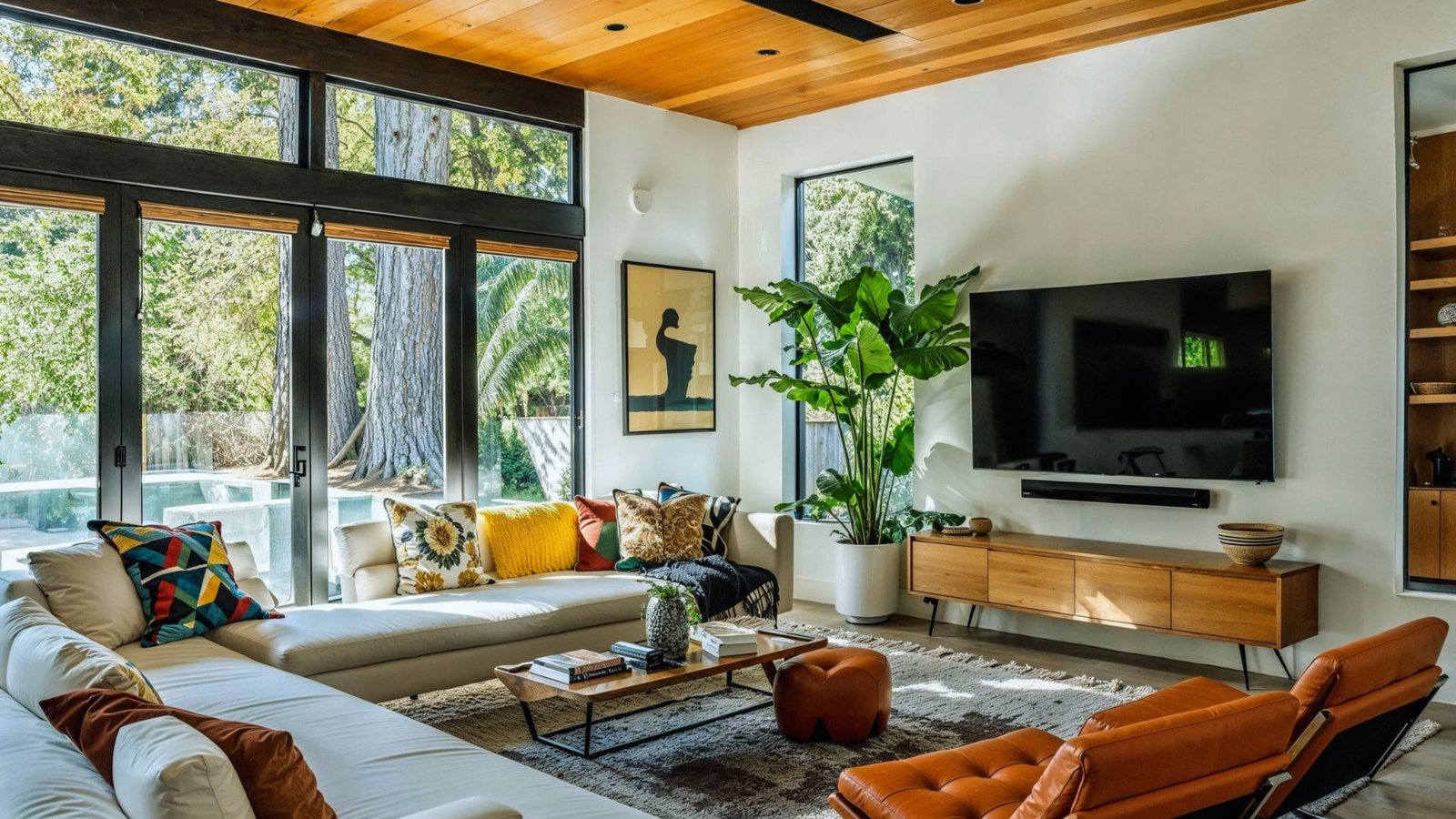  A spacious living room featuring a large television and comfortable couches arranged for relaxation and entertainment.