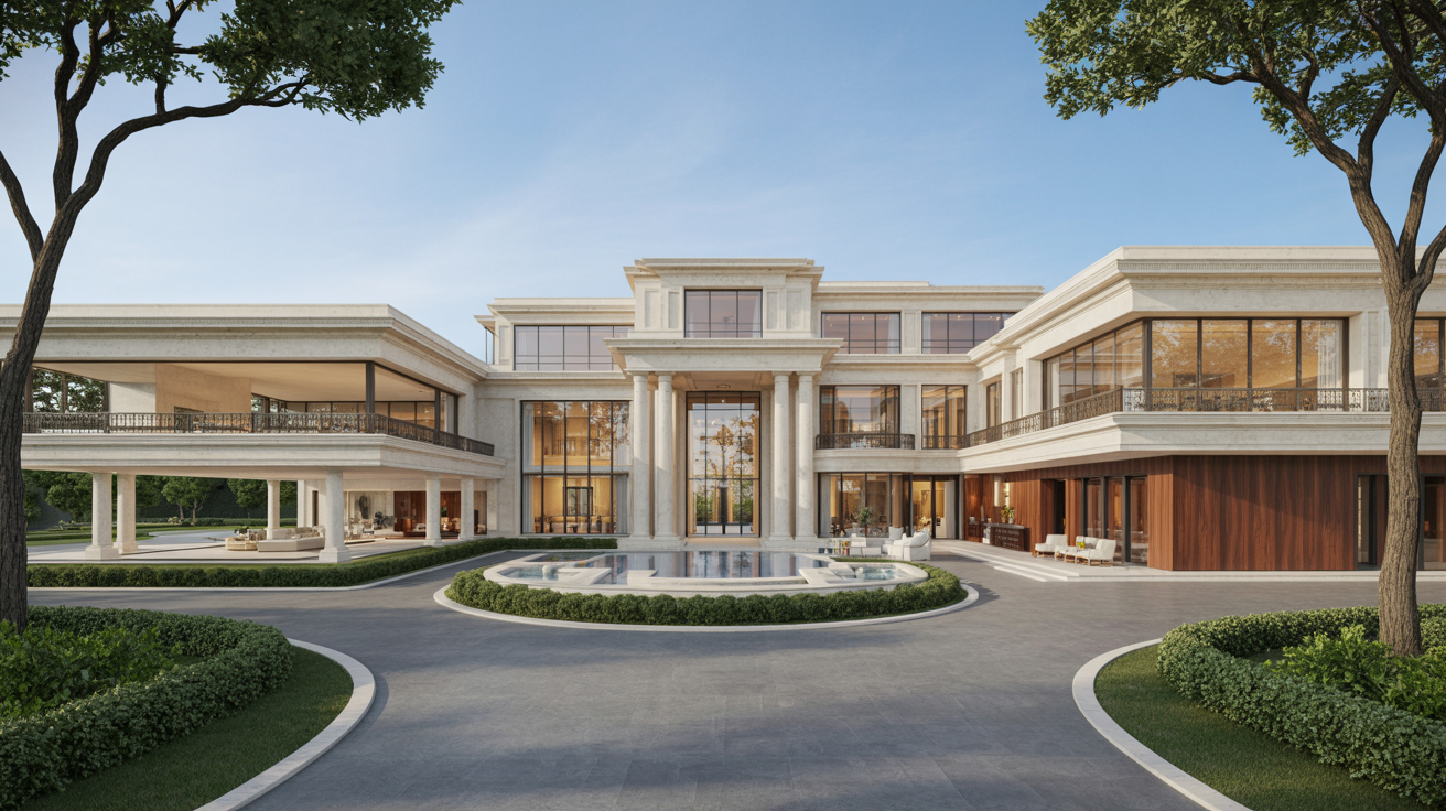 A luxury home featuring a spacious driveway and an elegant courtyard, showcasing upscale architecture and landscaping.