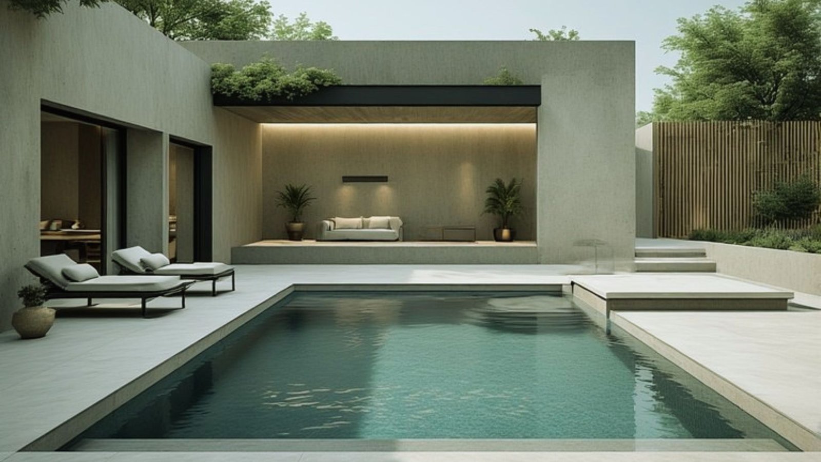 A modern backyard pool surrounded by a stylish lounge area with comfortable seating and greenery.