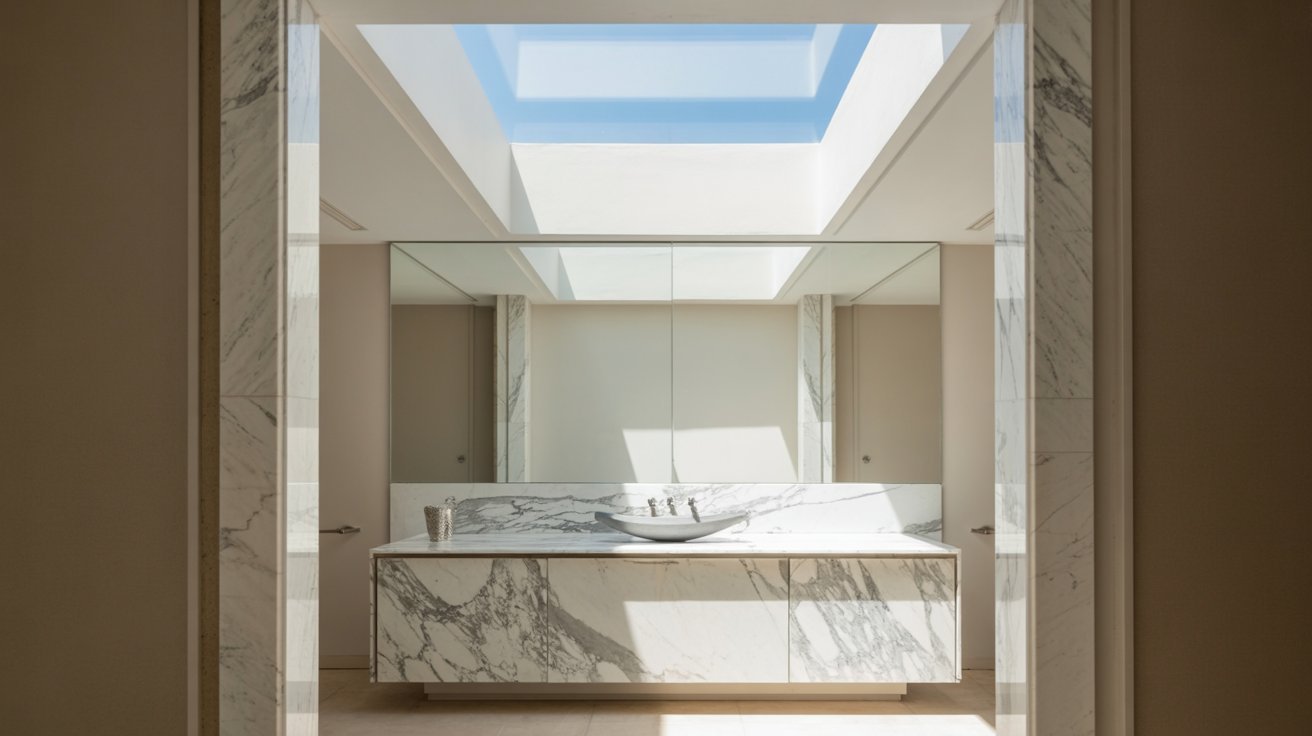 A modern bathroom featuring a skylight and elegant marble countertops.