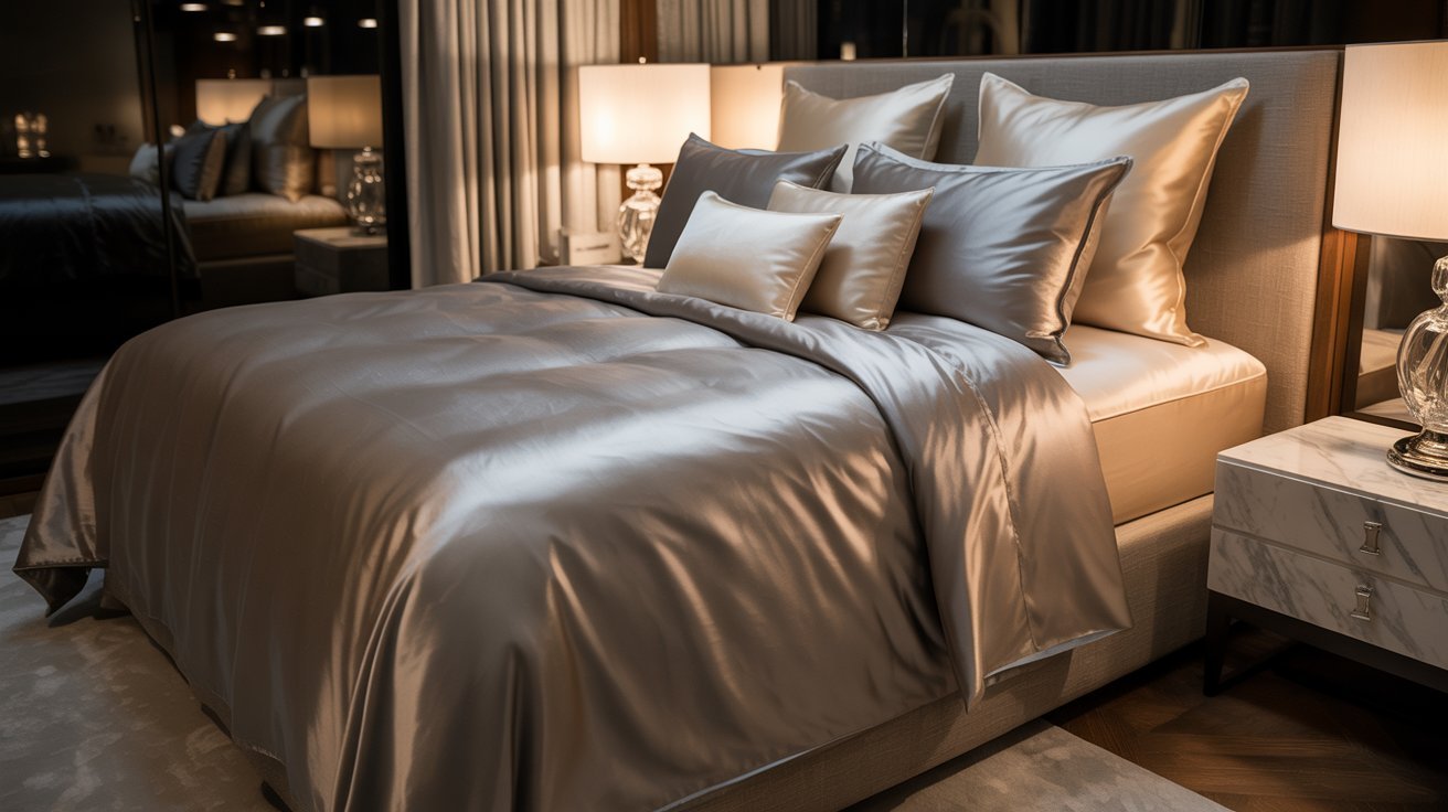  A serene bedroom with a silver bed and a contemporary nightstand adjacent to it.
