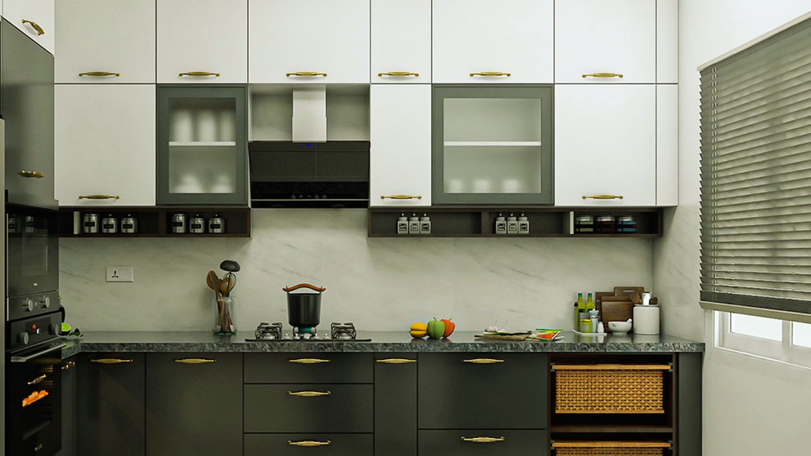 A stylish kitchen with contrasting black and white cabinets and a contemporary refrigerator.