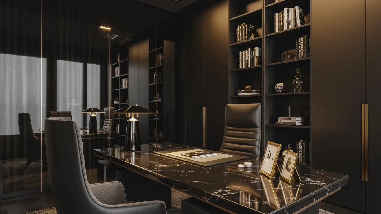 A sleek modern office featuring black walls and a stylish marble desk, creating a sophisticated workspace atmosphere.