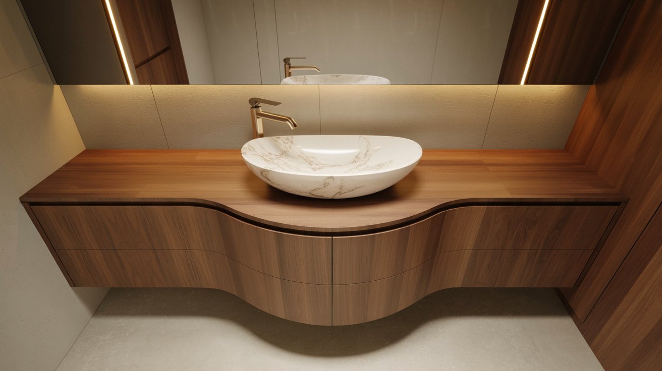 Contemporary bathroom design showcasing a marble sink with a wooden countertop.