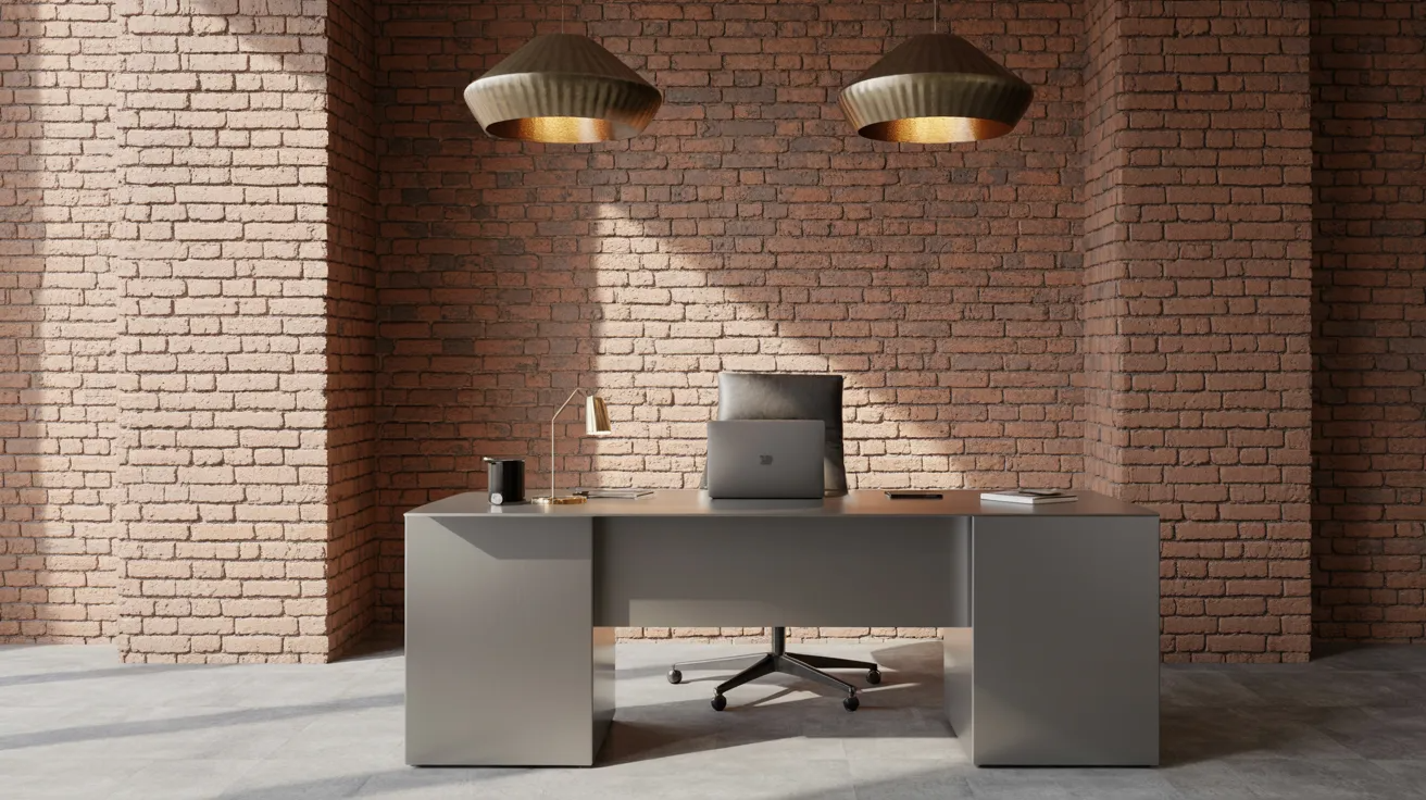  A contemporary office setup with a desk and two lamps providing light for a productive environment.