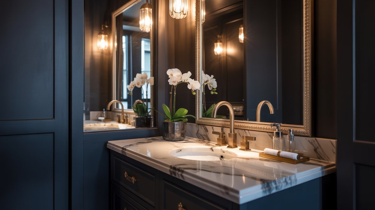 A modern bathroom featuring sleek black walls and elegant marble countertops.