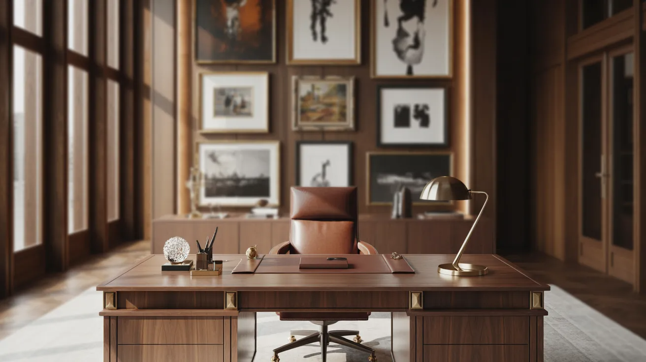 A modern office featuring a sleek desk and ergonomic chair, designed for productivity and comfort.