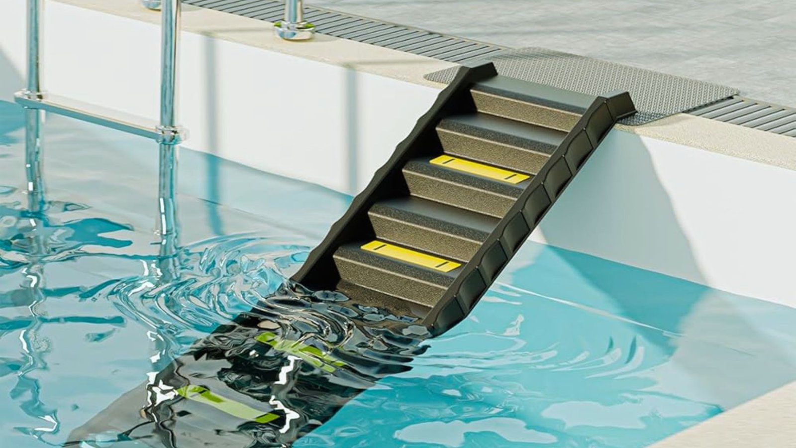 A person uses a ladder to enter a swimming pool, demonstrating safe access to the water.