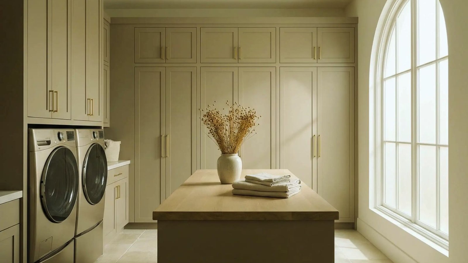 A laundry room featuring a washer and dryer, with shelves and laundry supplies visible in the background.