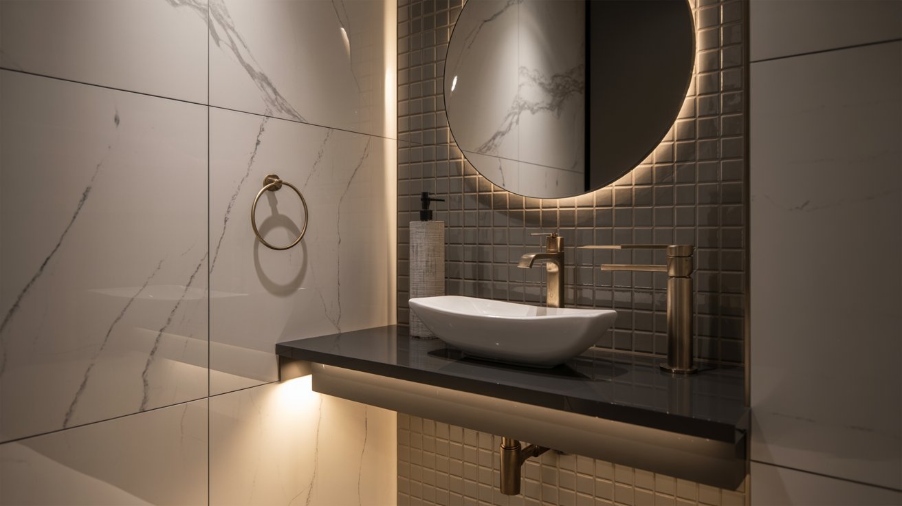 Contemporary bathroom design showcasing a marble counter with an elegant sink.
