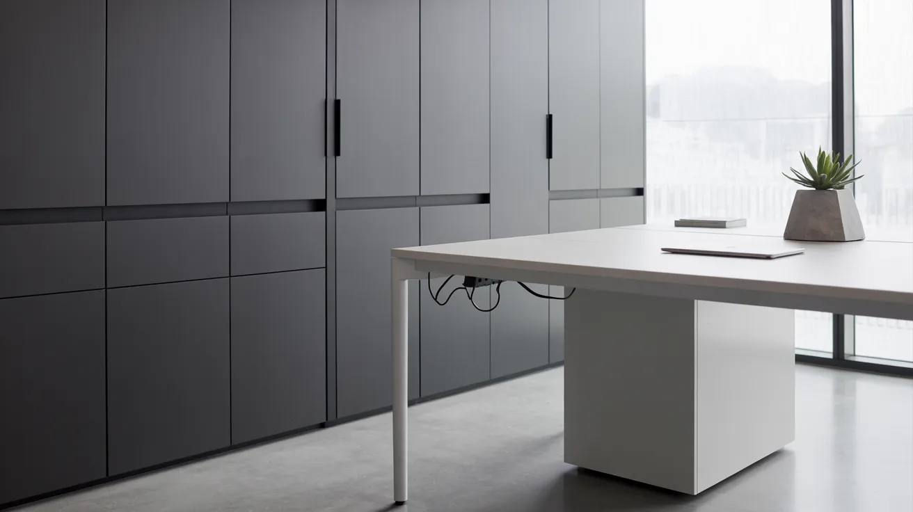 A desk featuring a laptop and a small green plant beside it, creating a workspace atmosphere.