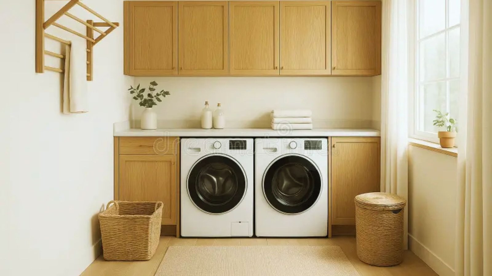 A tidy laundry room featuring a washer and dryer, with organized shelves and bright lighting.