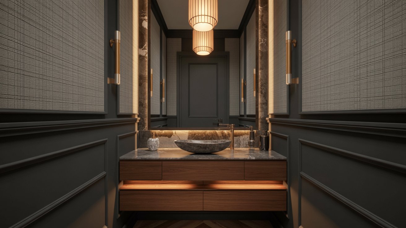 A bathroom featuring a marble sink complemented by elegant wooden cabinets.