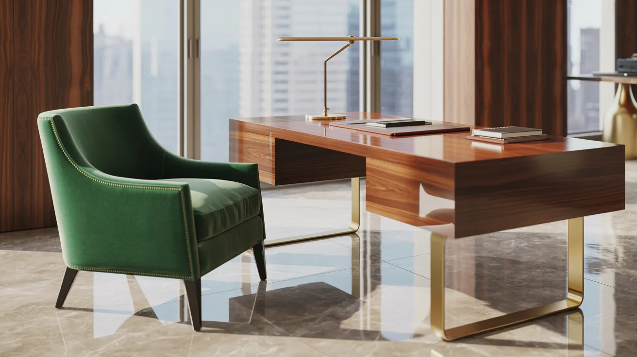 A modern office featuring a sleek desk and a vibrant green chair, designed for a contemporary workspace.